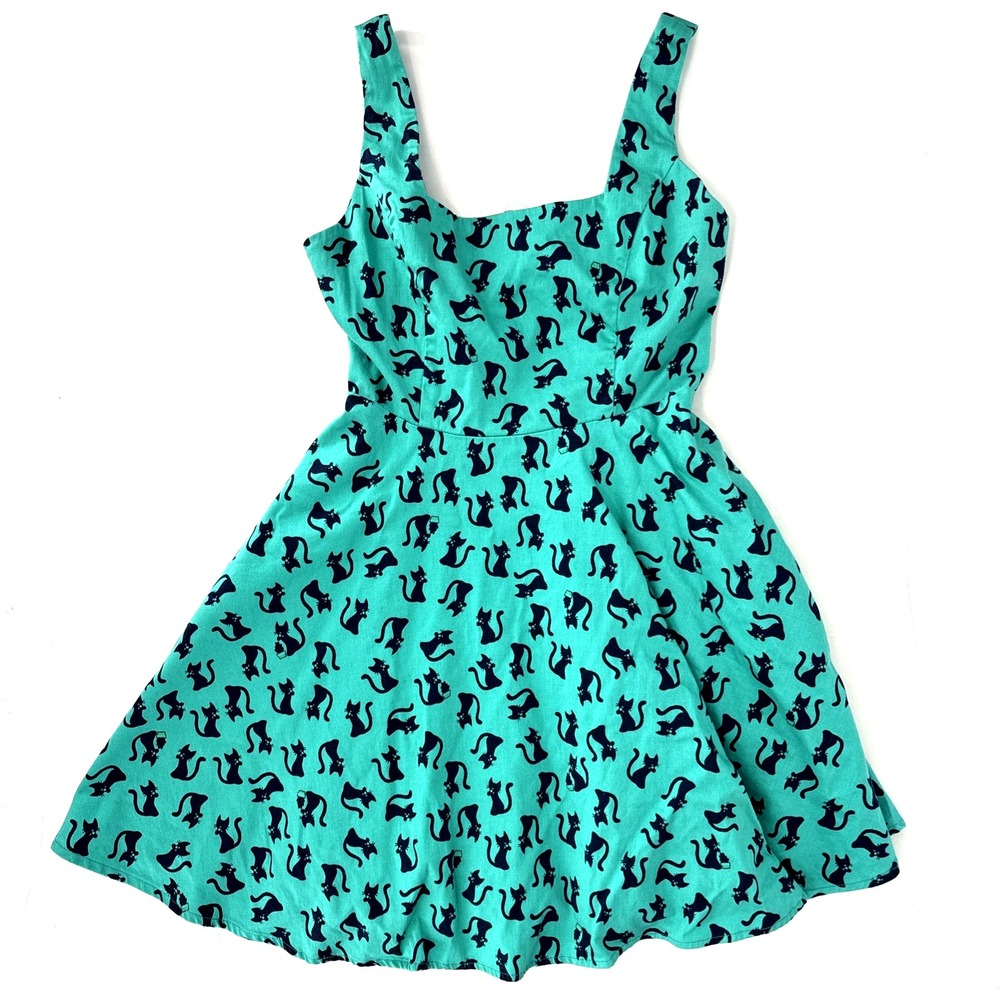 Vintage Y2K 90s Black‎ Cat A-Line Fit & Flare Dress sz M Pin Up Sleeveless Retro